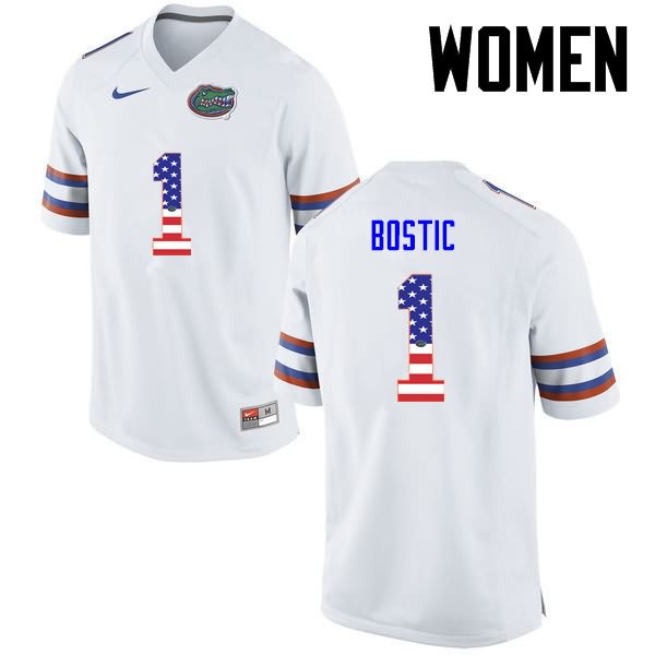 Women's NCAA Florida Gators Jonathan Bostic #1 Stitched Authentic USA Flag Fashion Nike White College Football Jersey UCW6365WI